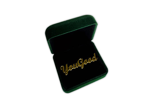 Gold script style Mental Health Streetwear Clothing Brand pin to be used on clothing and headwear. Mental Health and self care reminder to ask everyone “You good?"
