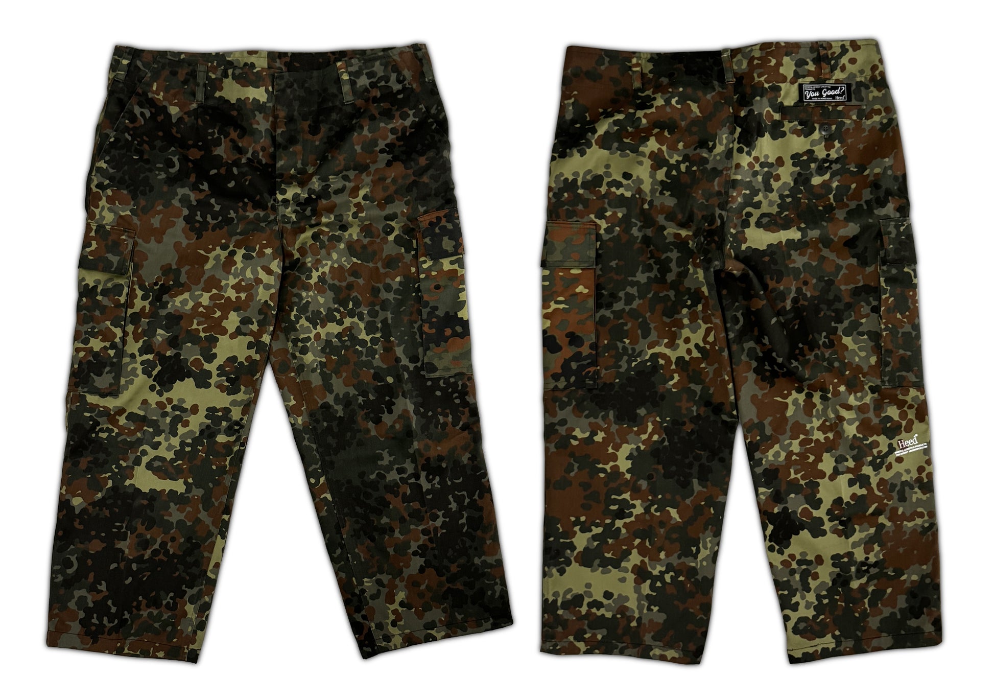 Vintage German Spotted Camouflage Pants - Timeless, Versatile, Durable Nylon and Elastane Material, 'You Good?' Patch Pocket Detail, Stamp Logo Leg Detail, Unisex Loose Fit, Designed in Hong Kong