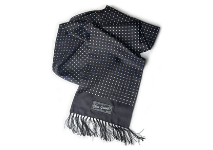 Heed Tuxedo Scarf - Deep navy silk scarf with polka-dot print, fringed ends, measuring W20cm x L142cm. Designed in Hong Kong, a luxurious accessory for elevated style. Dry clean recommended.