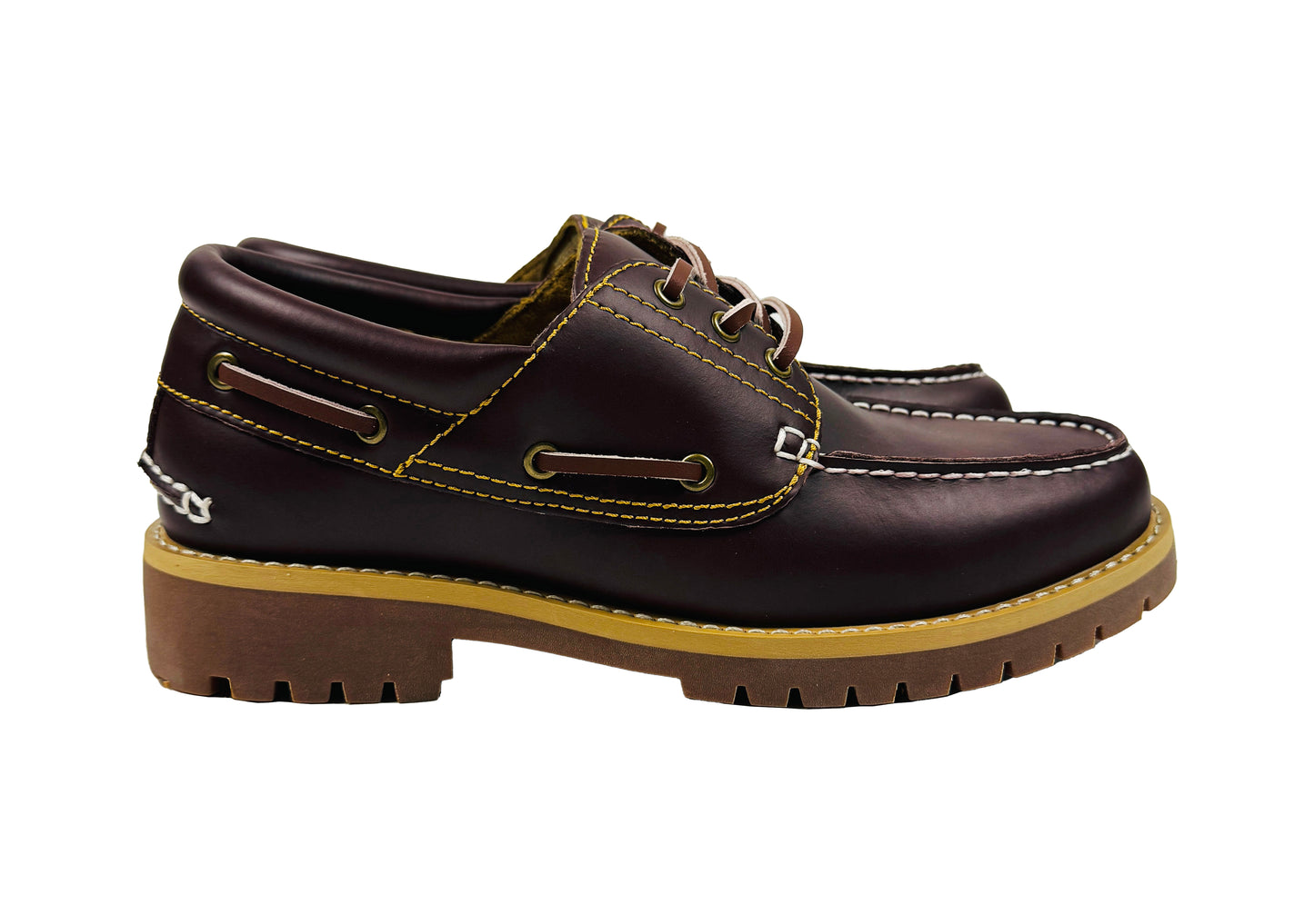 Marron leather traditional style boat shoe with laces. Mental Health and Self Care Streetwear Clothing Brand.