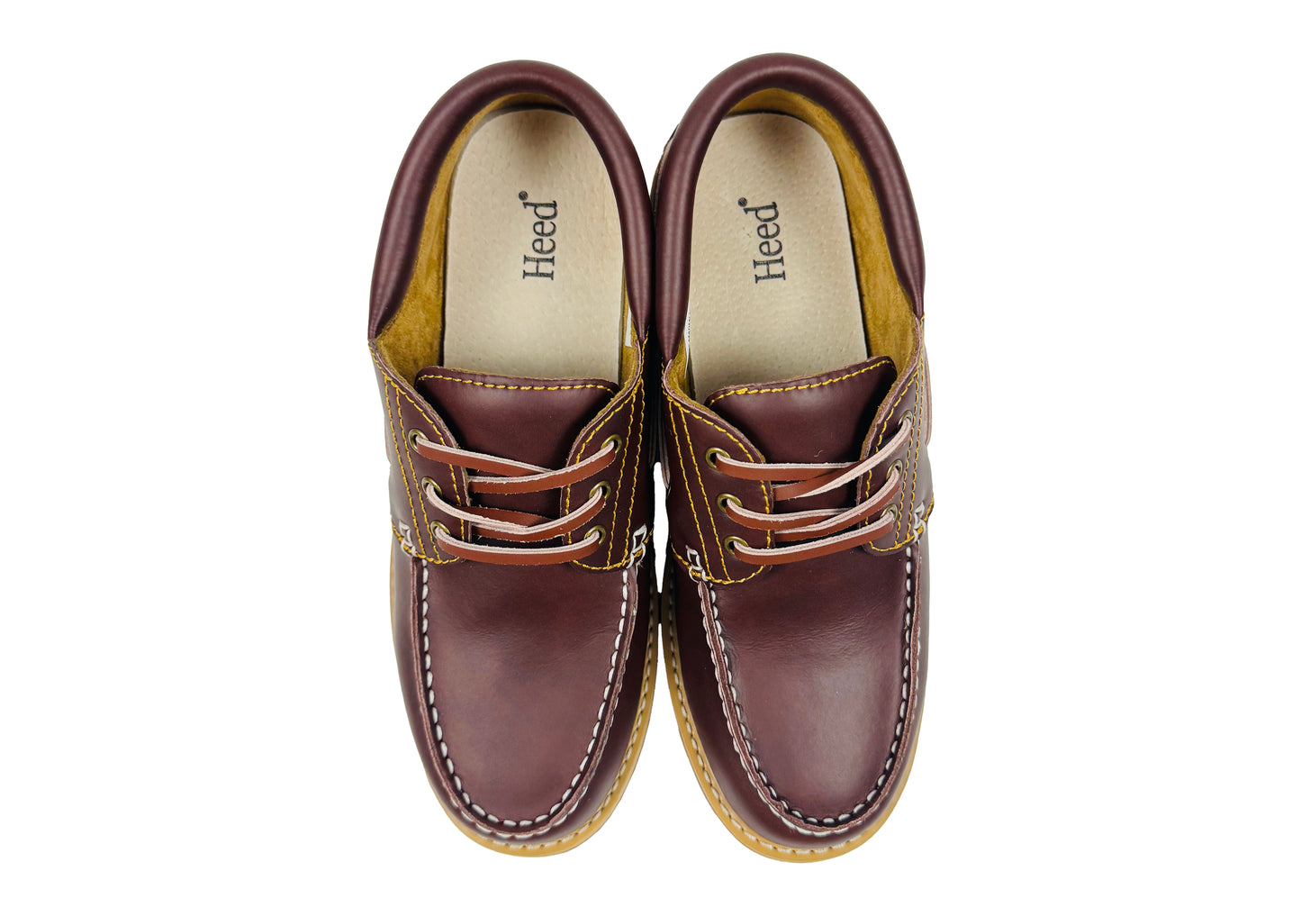 Marron leather traditional style boat shoe with laces. Mental Health and Self Care Streetwear Clothing Brand.