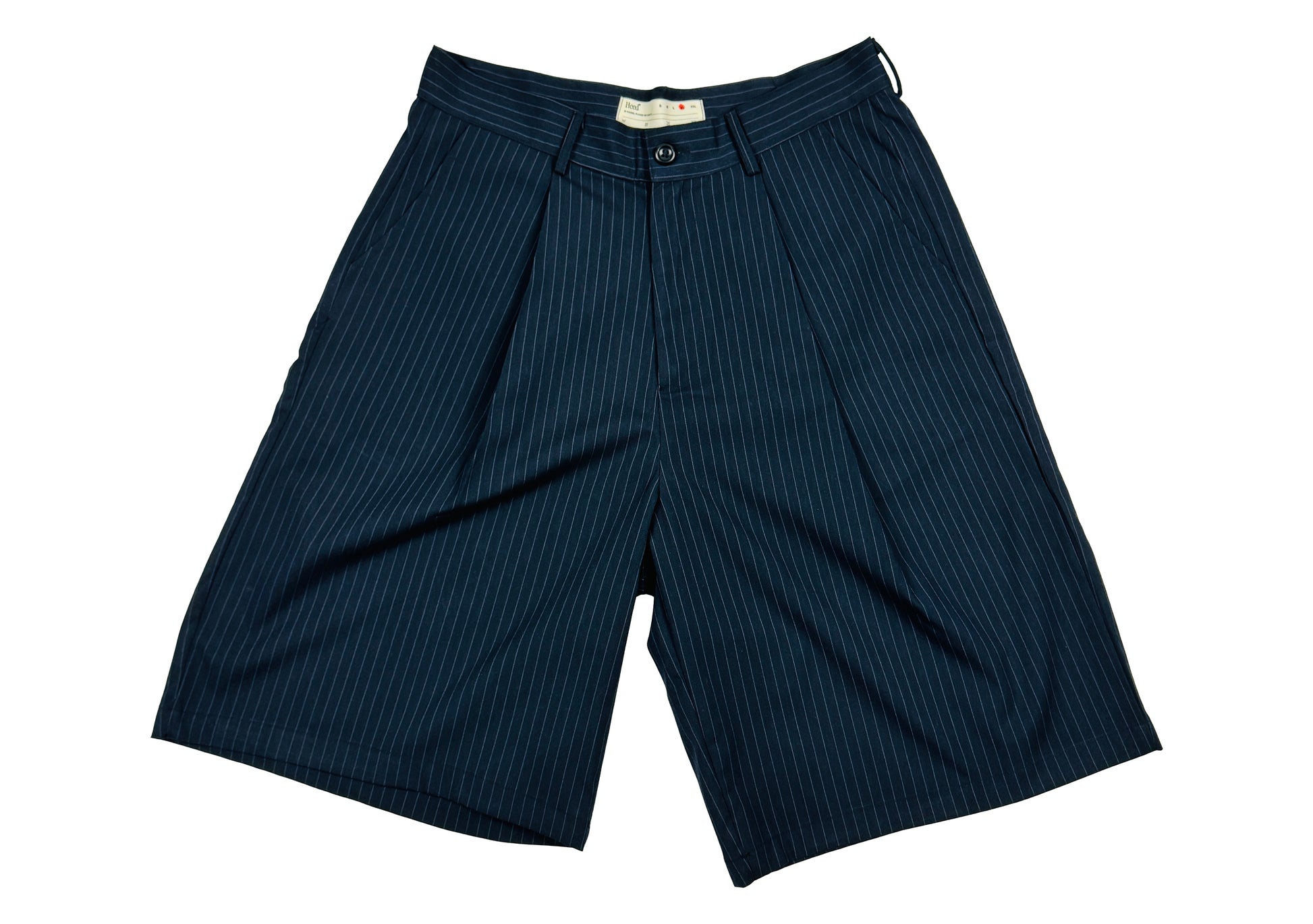 Navy-tailored pinstripe shorts. Wide leg style. Smart shorts. Mental Health and Self Care Streetwear Clothing Brand.