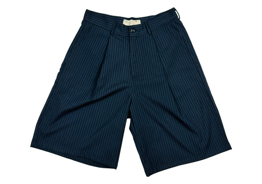 Navy-tailored pinstripe shorts. Wide leg style. Smart shorts. Mental Health and Self Care Streetwear Clothing Brand.