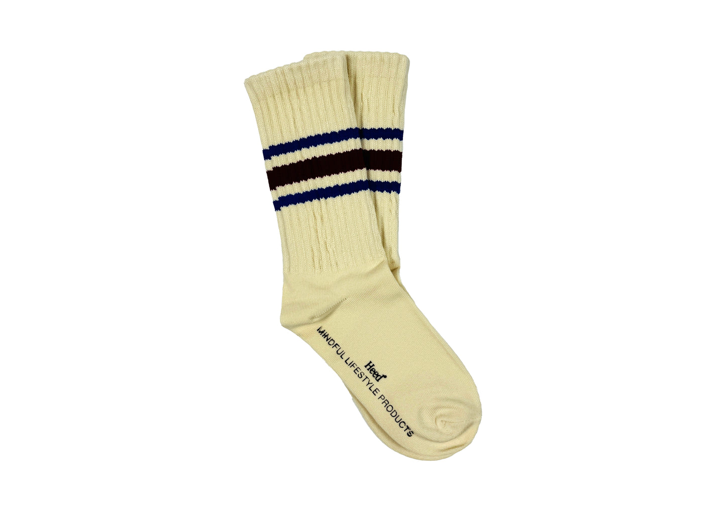 Cream colour sock with maroon blue vbintage style stripe. Sports sock. Mental Health and Self Care Streetwear Clothing Brand.