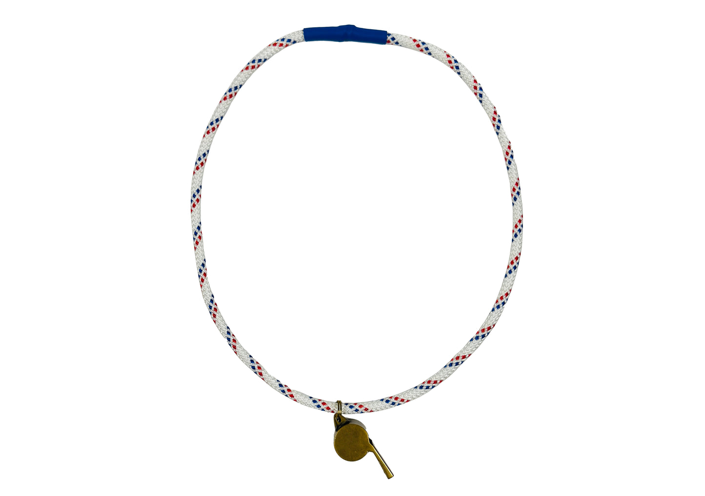 White blue red paracord necklace with brass sfaety whistle. Mental Health and Self Care Streetwear Clothing Brand.