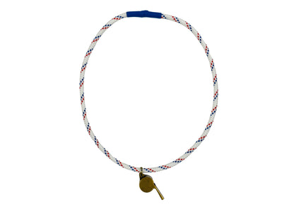 White blue red paracord necklace with brass sfaety whistle. Mental Health and Self Care Streetwear Clothing Brand.