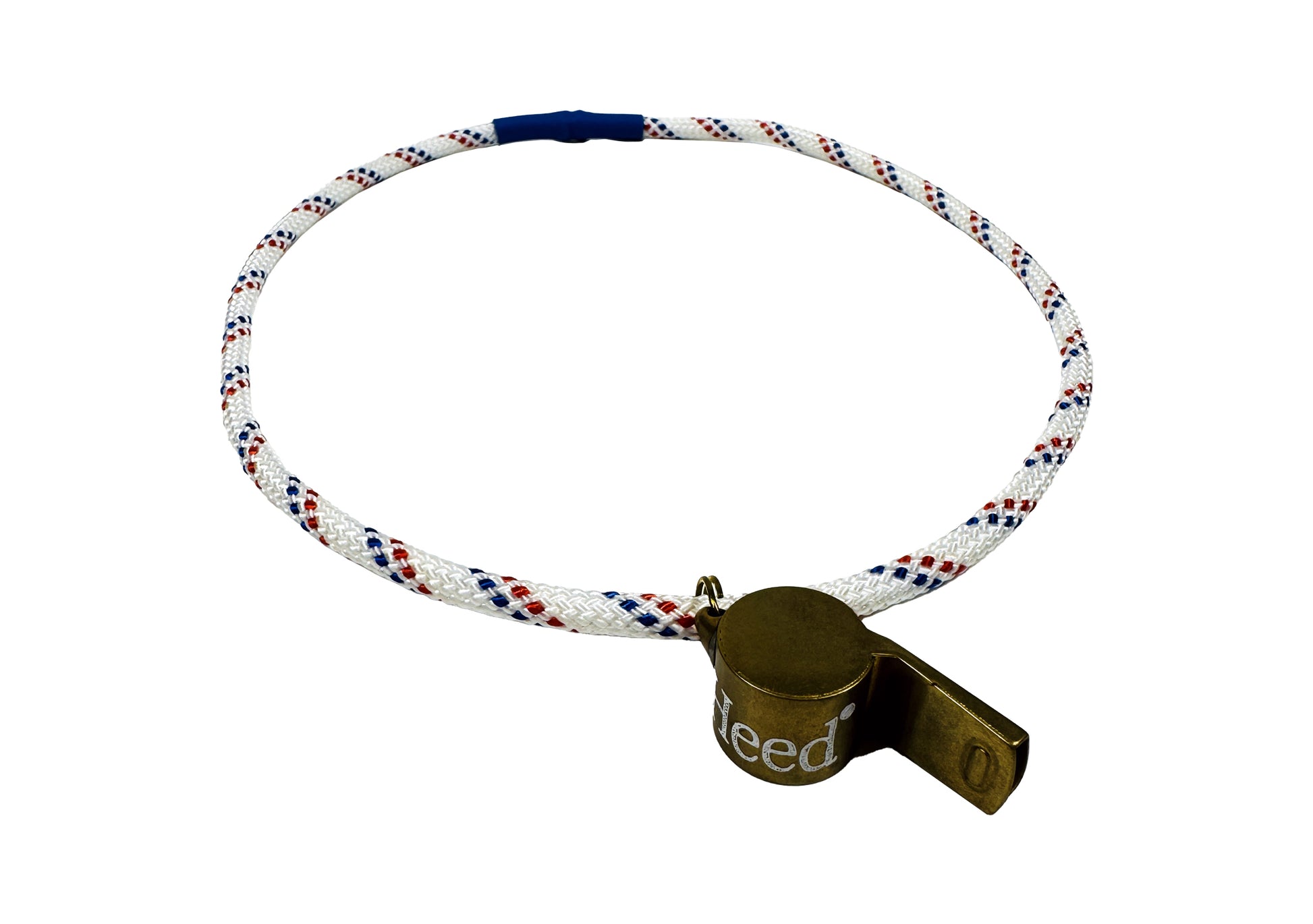 White blue red paracord necklace with brass sfaety whistle. Mental Health and Self Care Streetwear Clothing Brand.